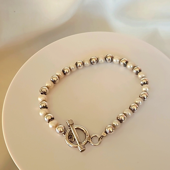 SILPADA  925 Sterling Silver  Bead Freshwater Pearl Bead Toggle  Bracelet B0372 - Picture 3 of 7